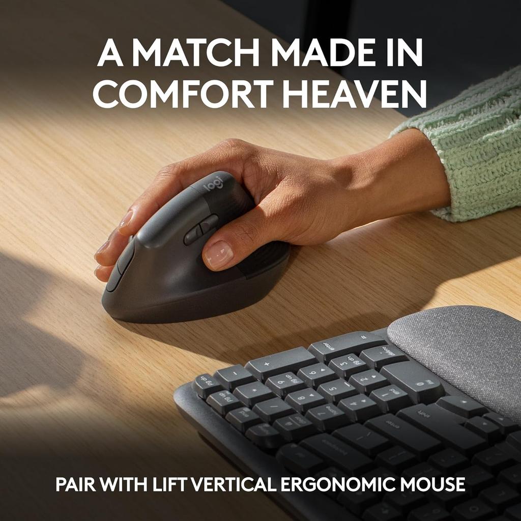 Logitech WAVE KEYS ergonomic keyboard, wireless Bluetooth dual-mode with built-in palm rest, comfortable office multi device connection