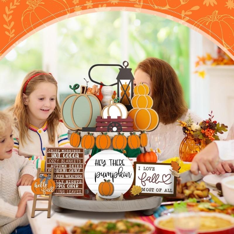Set of 15 Fall Tiered Tray Decors Autumn Wood Sign Rustics Farmhouse Decors Table Centerpieces for Home Decorations