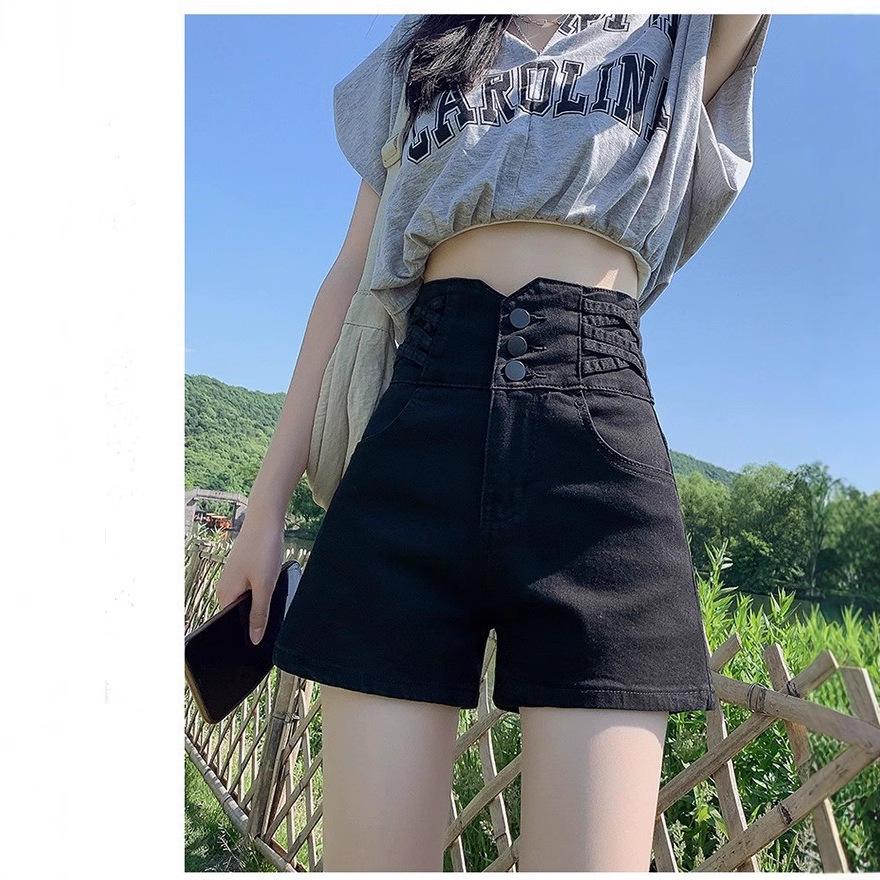 

Women s Black High-Waisted A-Line Denim Shorts - Summer 2025 Edition with Tummy Control and Elastic Wide-Leg Design. S [85-95 kg]