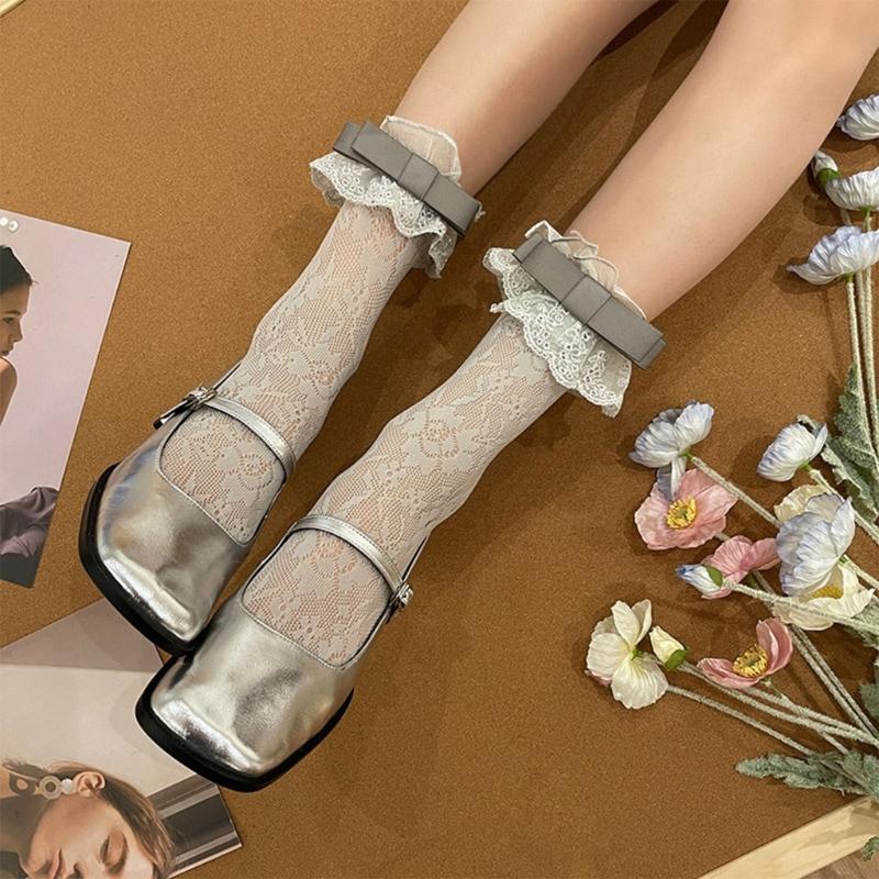 Women Japanese Style JK Girl Flower Lace Ruffle Frilly Ankle Socks Sweet Bowknot Elegant Student Middle Tube Dress Socks