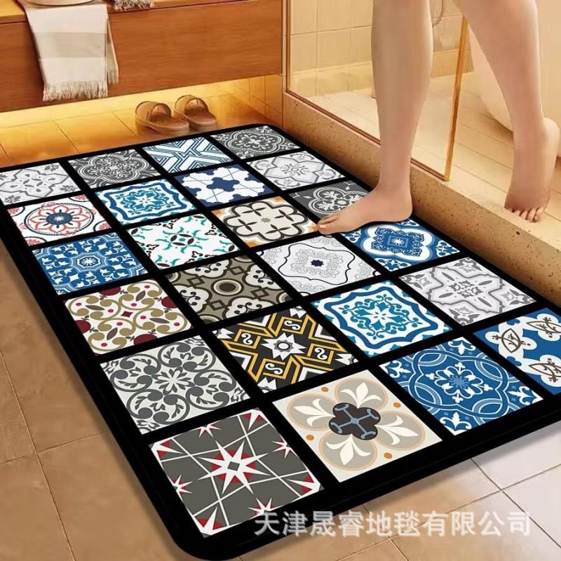 Classic European Style Bath Mat Non-Slip Absorbent Floor Rug Bathroom Entryway Hallway Square Shape