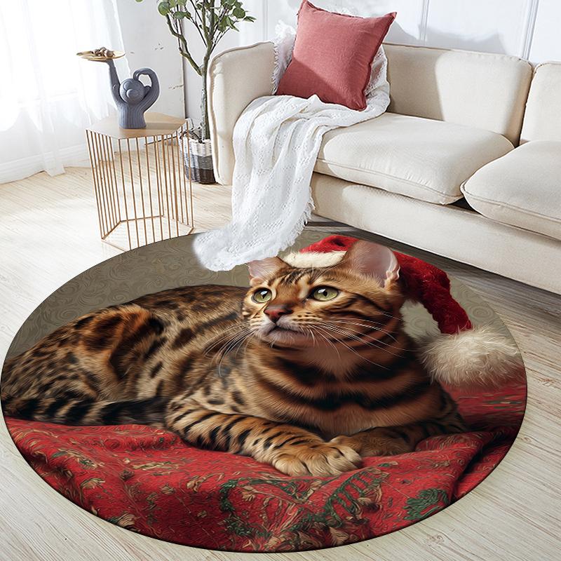 Christmas Cat pattern round rug,Carpet Rug for Living Room Bedroom Sofa Playroom Decor,Non-slip Floor Mat,Holiday Gifts and Birthday Gifts