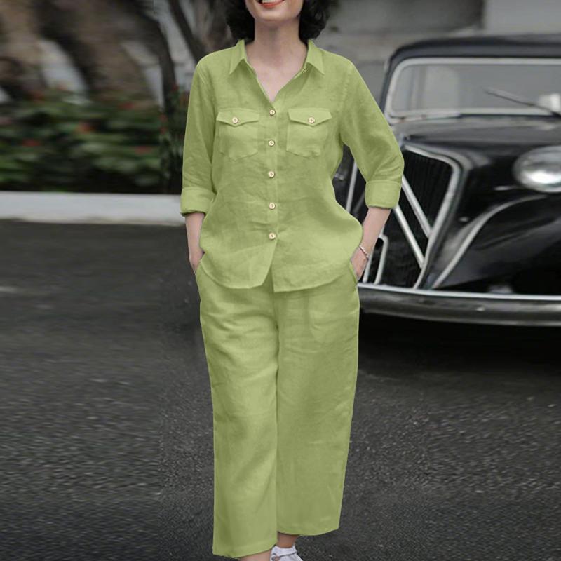 

ZANZEA Женский свободный блузон с рукавом 3/4 и брюки, повседневные костюмы-двойки 5XL зелёный