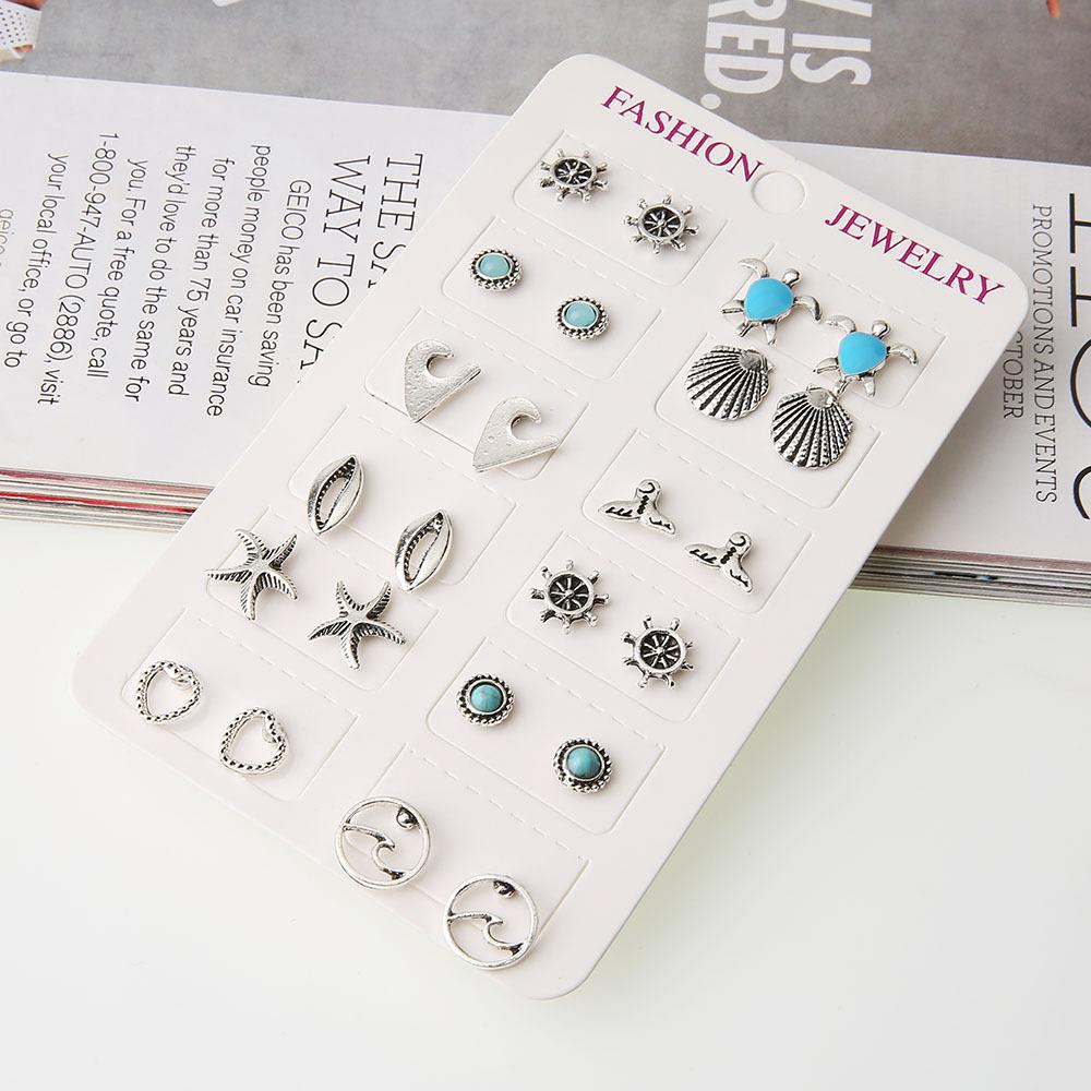 Accessories Simple Drip Oil Turtle Stars Wave Shells Turquoise 12 Pairs Of Earrings
