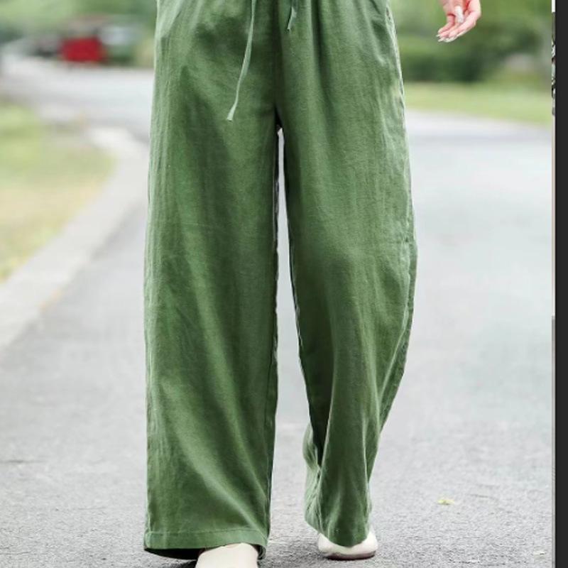 2024 Spring Linen Wide-Leg Pants: Versatile Solid Color with Elastic Waist & Drawstring for Women