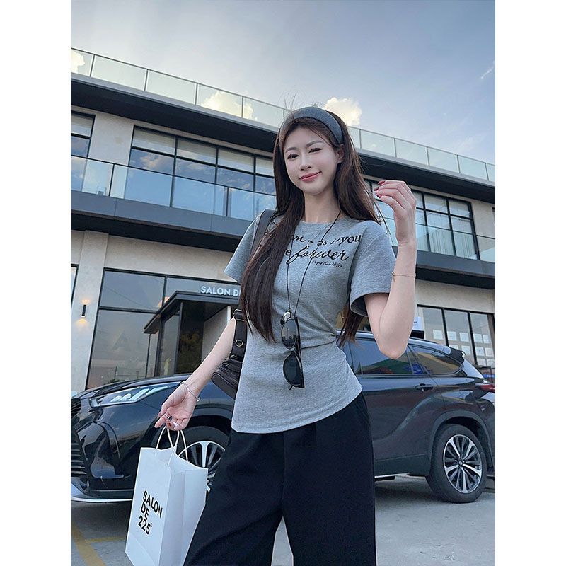 Letter print short-sleeved t-shirt women's summer wear gray slim-fit chic Korean design sense unique and beautiful top