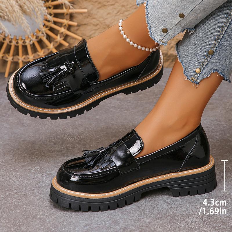 Tassels Bright Black Chunky Platform Loafers Women British Style Patent Leather Thick Sole Pumps Plus Size Uniform Lolita Shoes