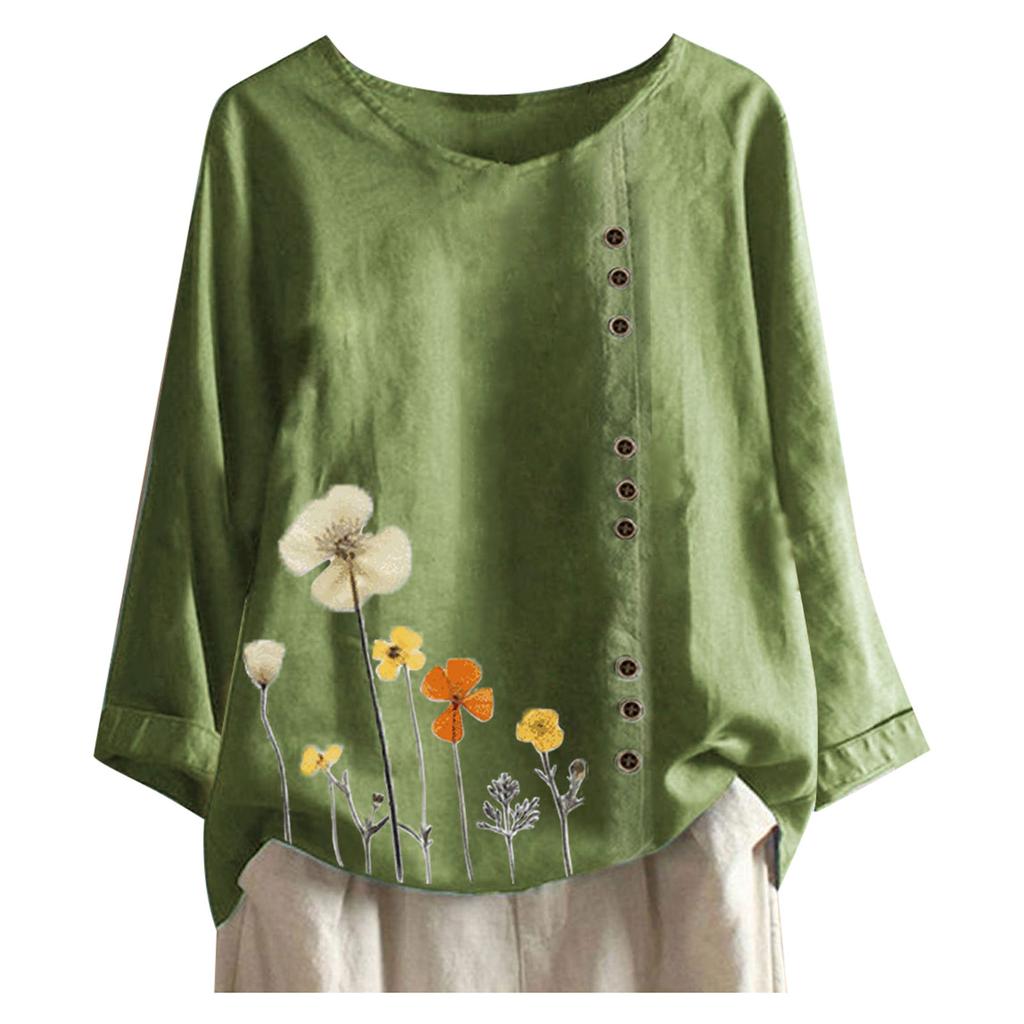 Women Casual Floral Print Long Sleeve Button  Loose T-Shirt Top Blouse