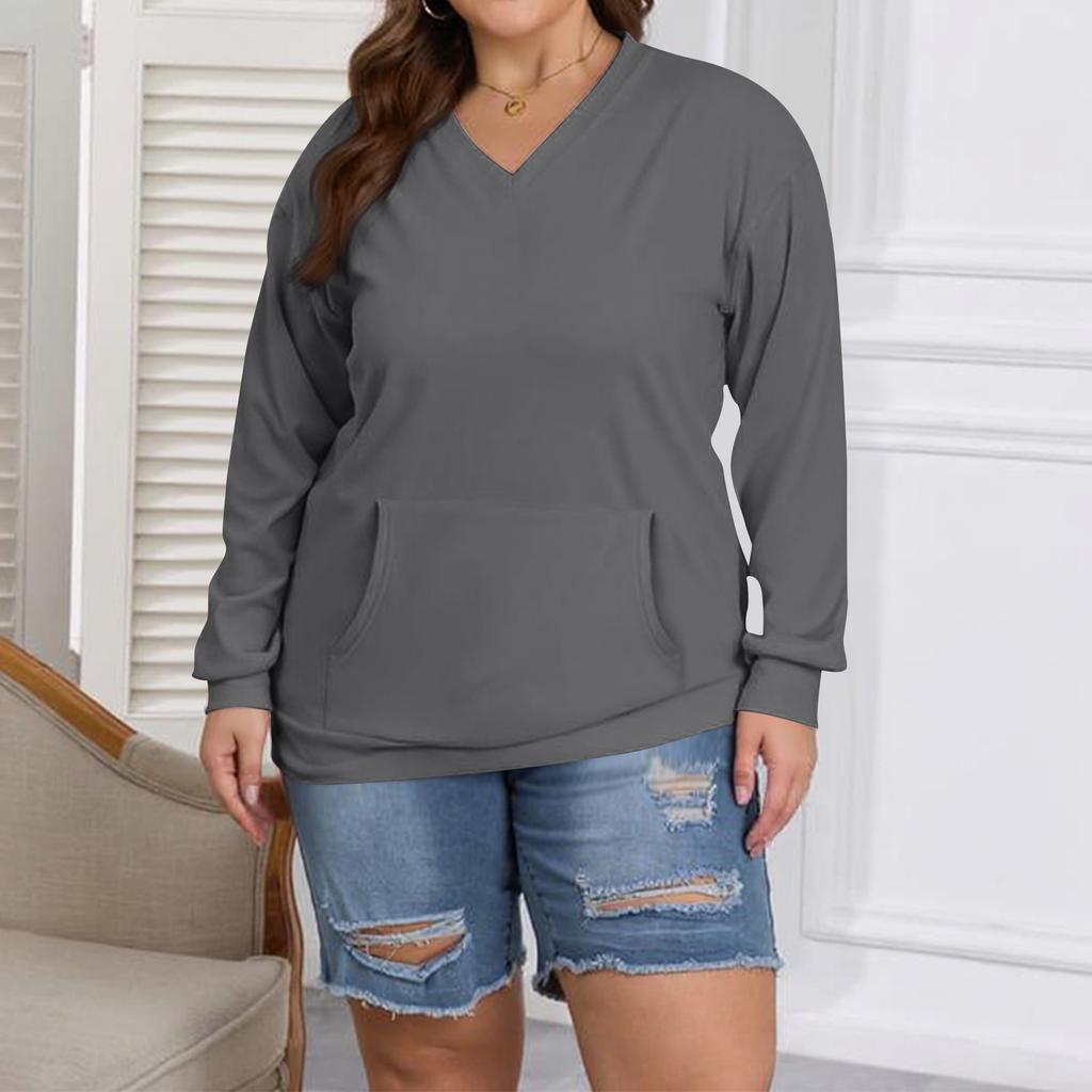 Women's Fashion Casual Solid Color Long Sleeve Oversized Pocket Plus Size Top