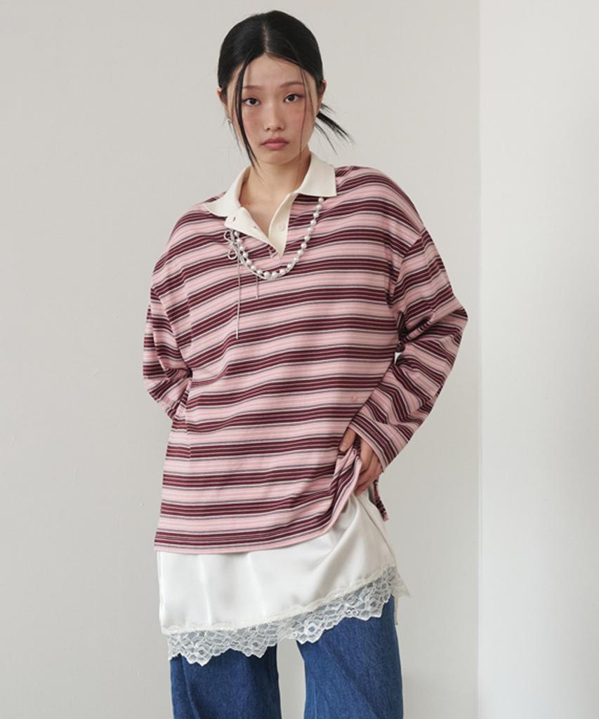 OPENING SUNSHINE Button Detail Striped Rugby Long Sleeve T-Shirt Pink