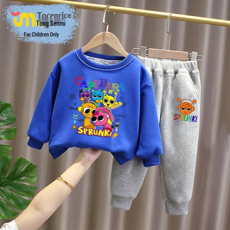 Sprunki Rhythm Box Kids' Plus Velvet Hoodie Set, Unisex, Warm Two-Piece for Autumn/Winter