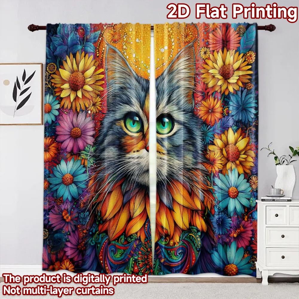 2D flat printing 2pcs Curtain Party Curtains Spring Cat with Flowers Digital Printed Polyester Drapes Family Party Decoration