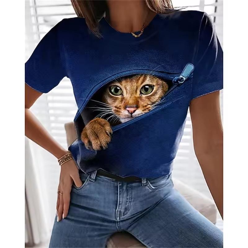 Women's T-shirt 3D Printed Casual Short Sleeved Cute Kitten Pattern Print O-Neck Top Fashionable Street Women's Clothing