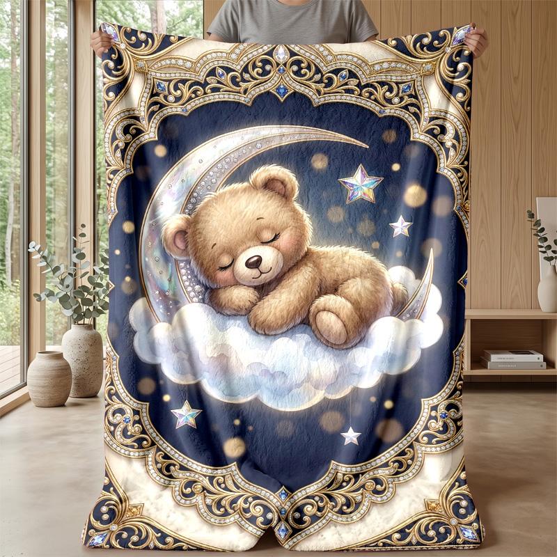 Teddybären mit Mond und Sternen Thema Decke Leichte Warme Flanelldecke Dekorative Überwurfdecke für Heimdekoration