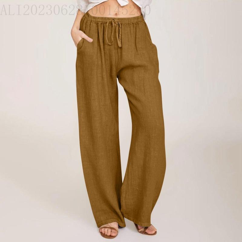 Casual Loose Wide-Leg Linen Pants with Elastic Lace-Up Waistband and Pockets