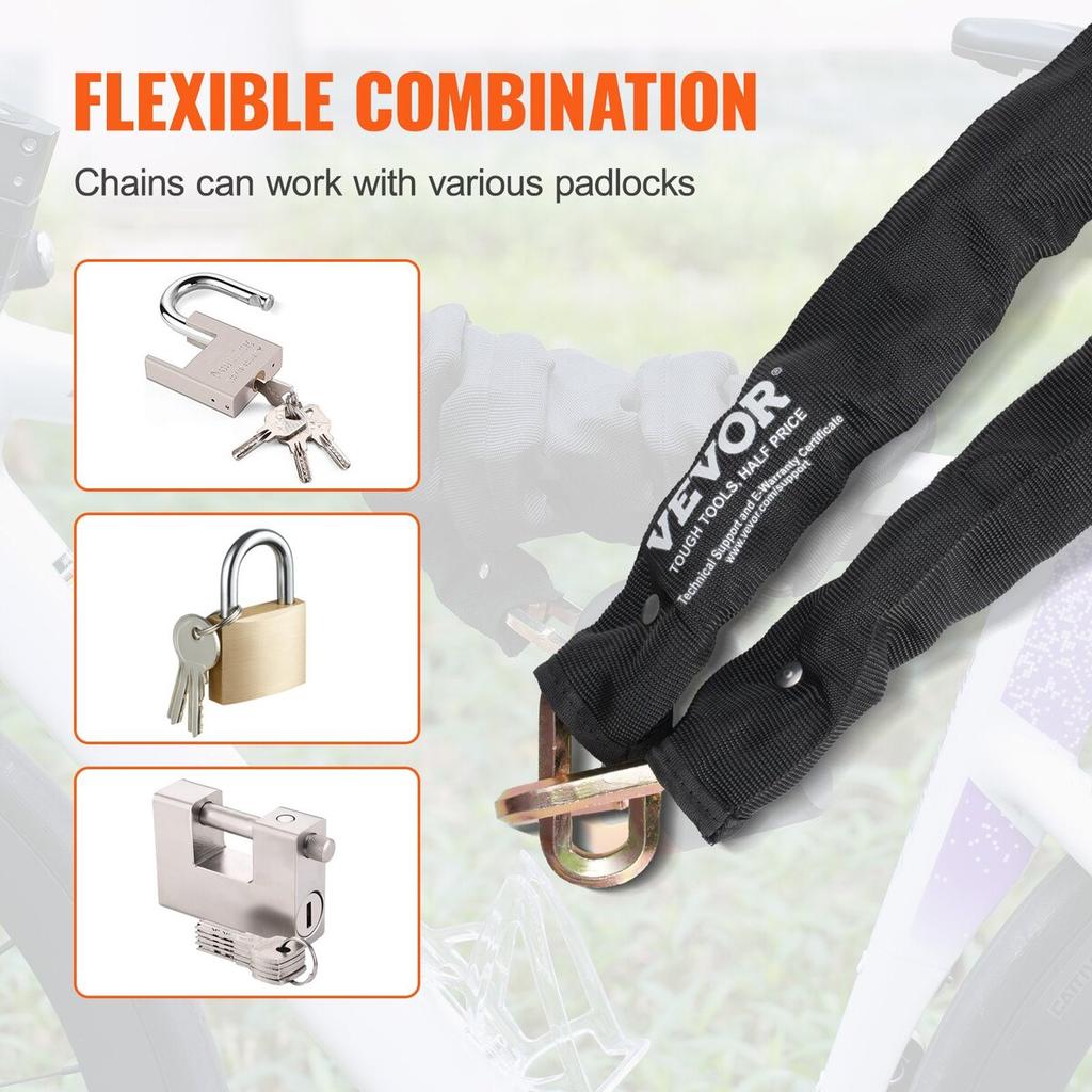 Bike Chain Lock 5.91 Ft Security Bicycle Chain Lock 9.5mm Thickness Black