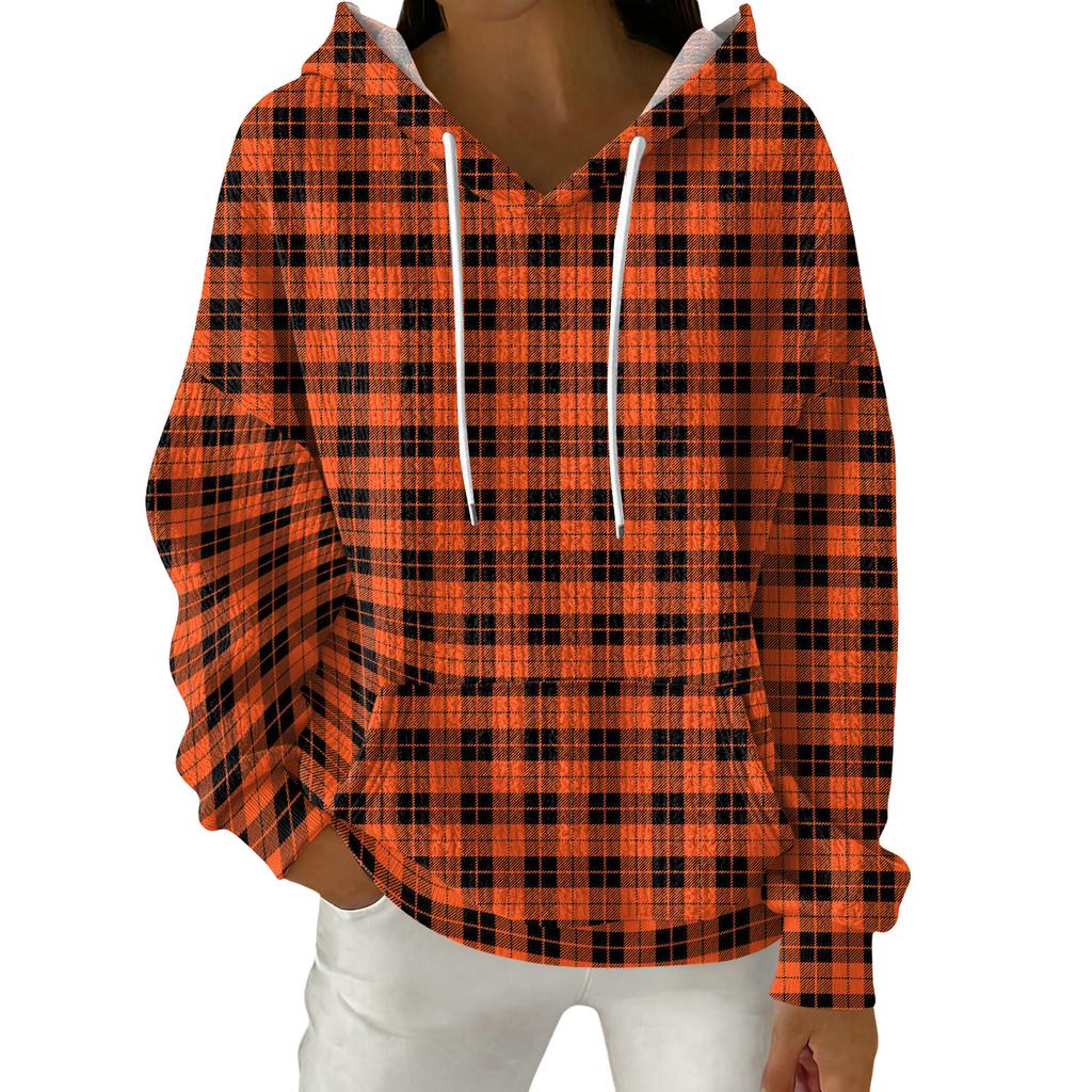 Women's Fashion Casual Plaid Print Pullover Long-Sleeve Hooded Sweatshirt