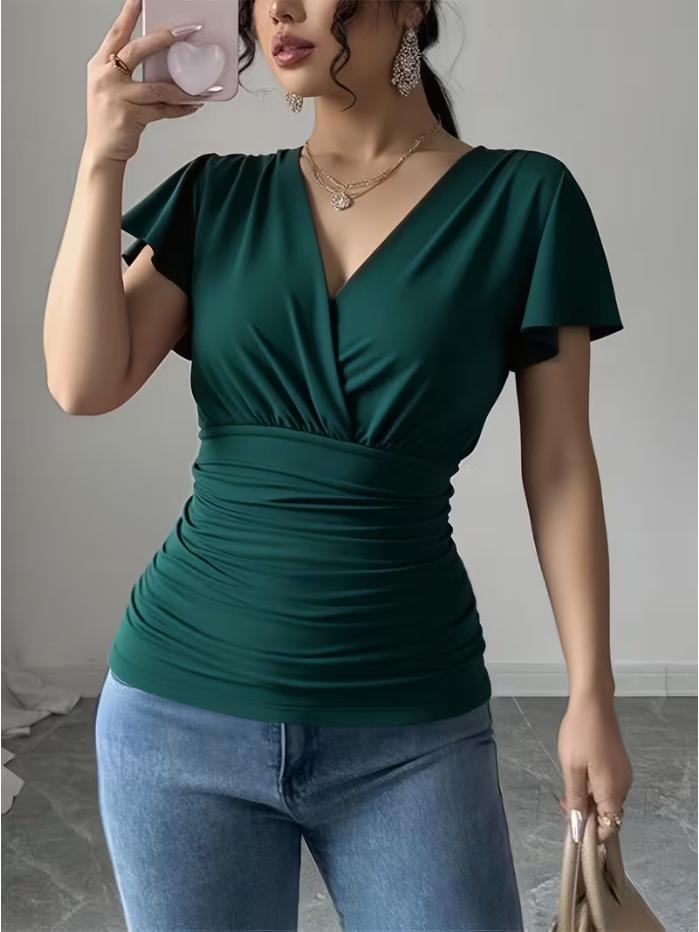 Frühling/Sommer 2025 Damen Einfarbiges V-Ausschnitt Kurzarm-T-Shirt - Modisches & Elegantes Oberteil