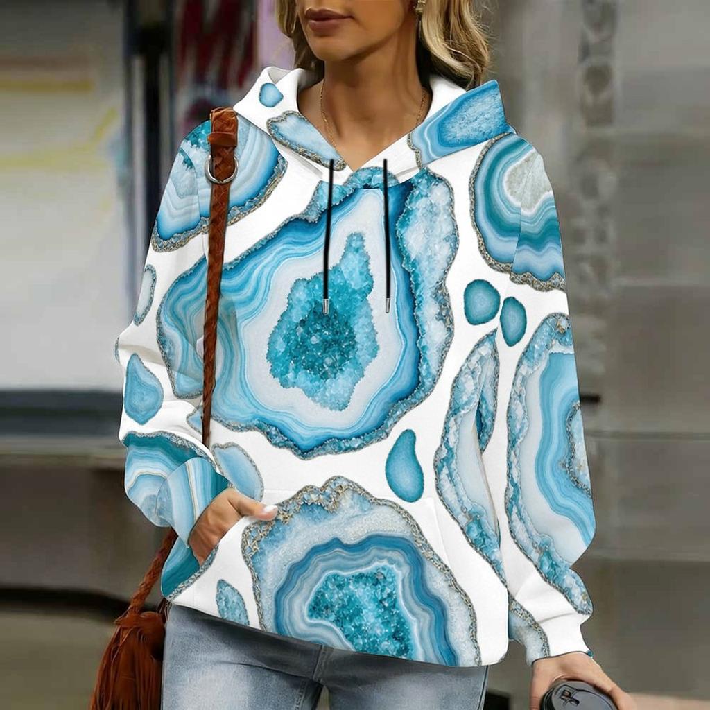 Women Plus Size White Floral Printed Long Sleeve Pullover Hoodie With Drawstring Hood And Kangaroo Pocket