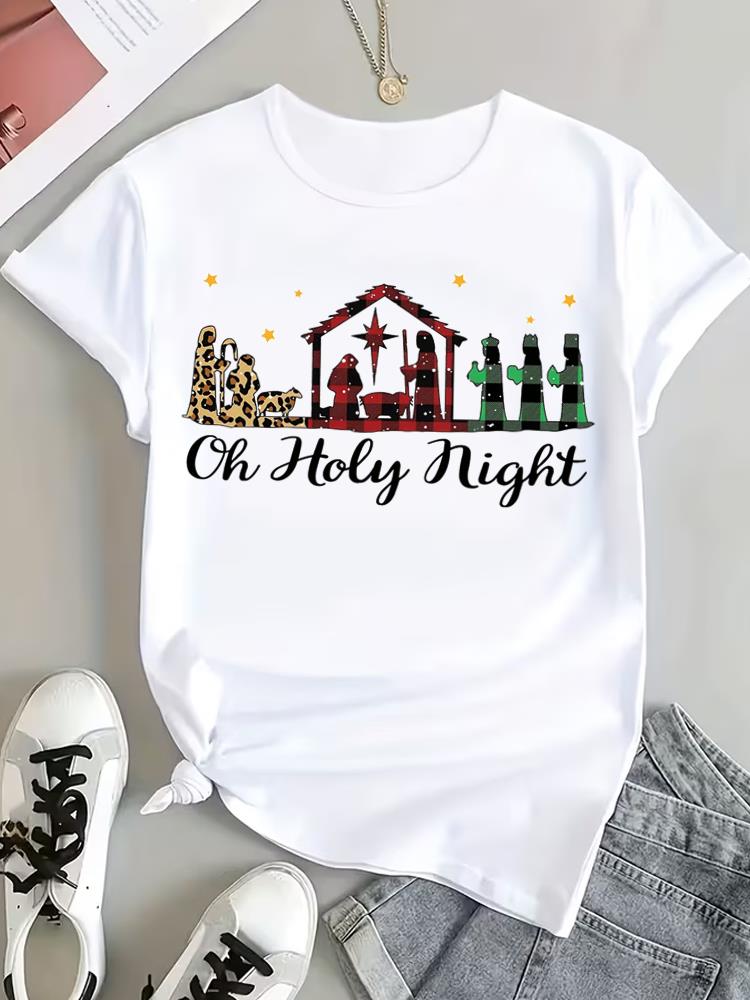 (Asian Size) faith printing trend Christmas Clothing T Shirt Tee Top Festival New Year Women Fashion Print Female Woman Short Sleeve Graphic T-shirts