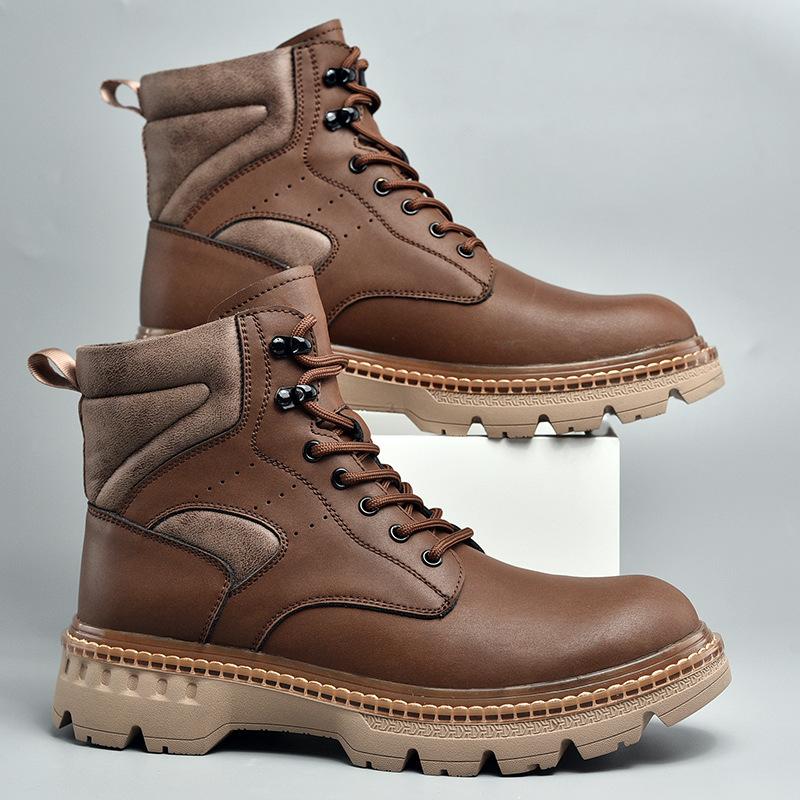 Herren Lederstiefel mit dicker Sohle, Martin-Stiefel, Winter-Werkzeugstiefel, lässige kurze Stiefel, High-Top-Lokomotiv-Herrenschuhe, Leder, rutschfest und verschleißfest