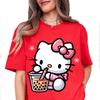 Hello Kitty Drinking Pearl Milk Tea Printed Womens Tshirt Cotton Shortsleeved Casual Top Personalized Womens Clothing
