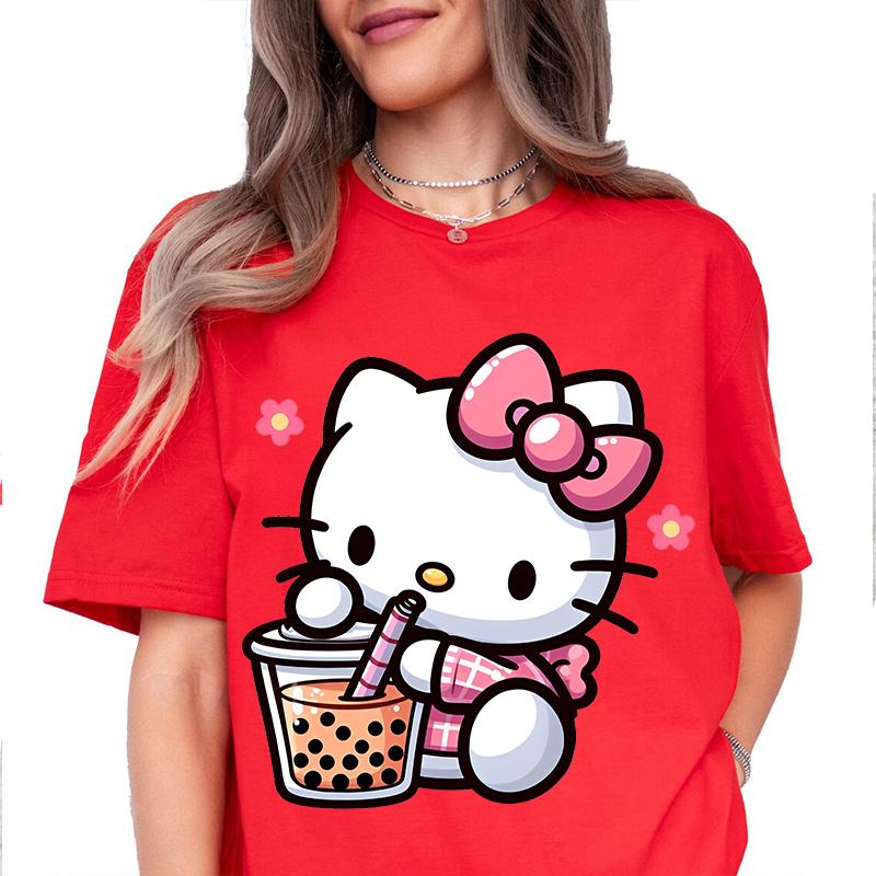 Hello Kitty Drinking Pearl Milk Tea Printed Womens Tshirt Cotton Shortsleeved Casual Top Personalized Womens Clothing