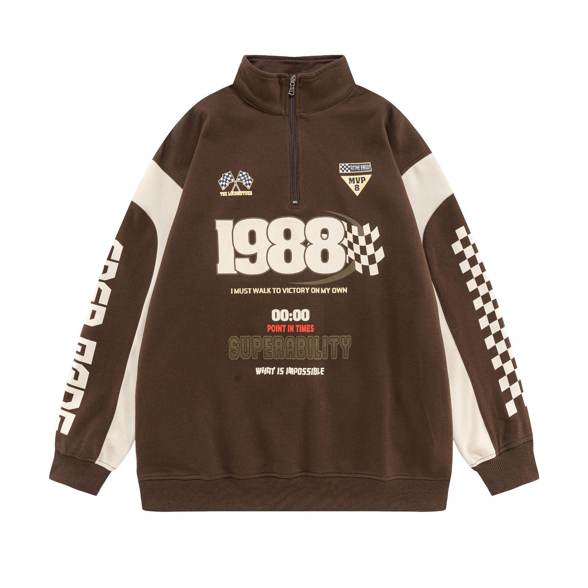 Unisex American Racing Style Letter Print Color Block Hoodie with Stand Collar Medium