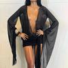 European & American Style Women's 2025 Deep V Mesh See-through Lace-up Short Bodycon Dress