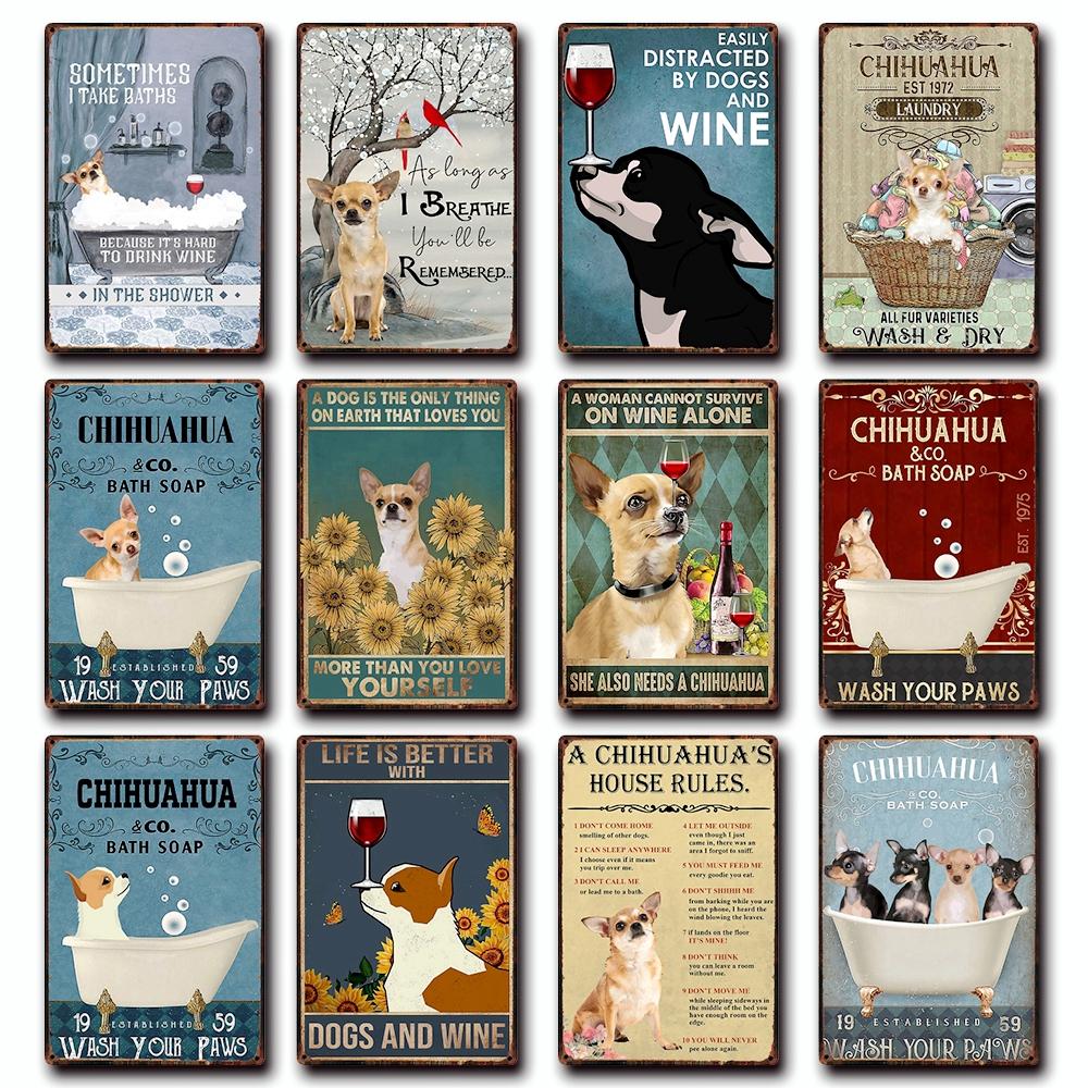 [ Wellcraft ] Chien Chihuahua Animal de Compagnie Sous la Douche Vin Bain Boutique Art Métal Étain Panneau Mur Poster Peinture Fer Pub D-04 20*30 CM