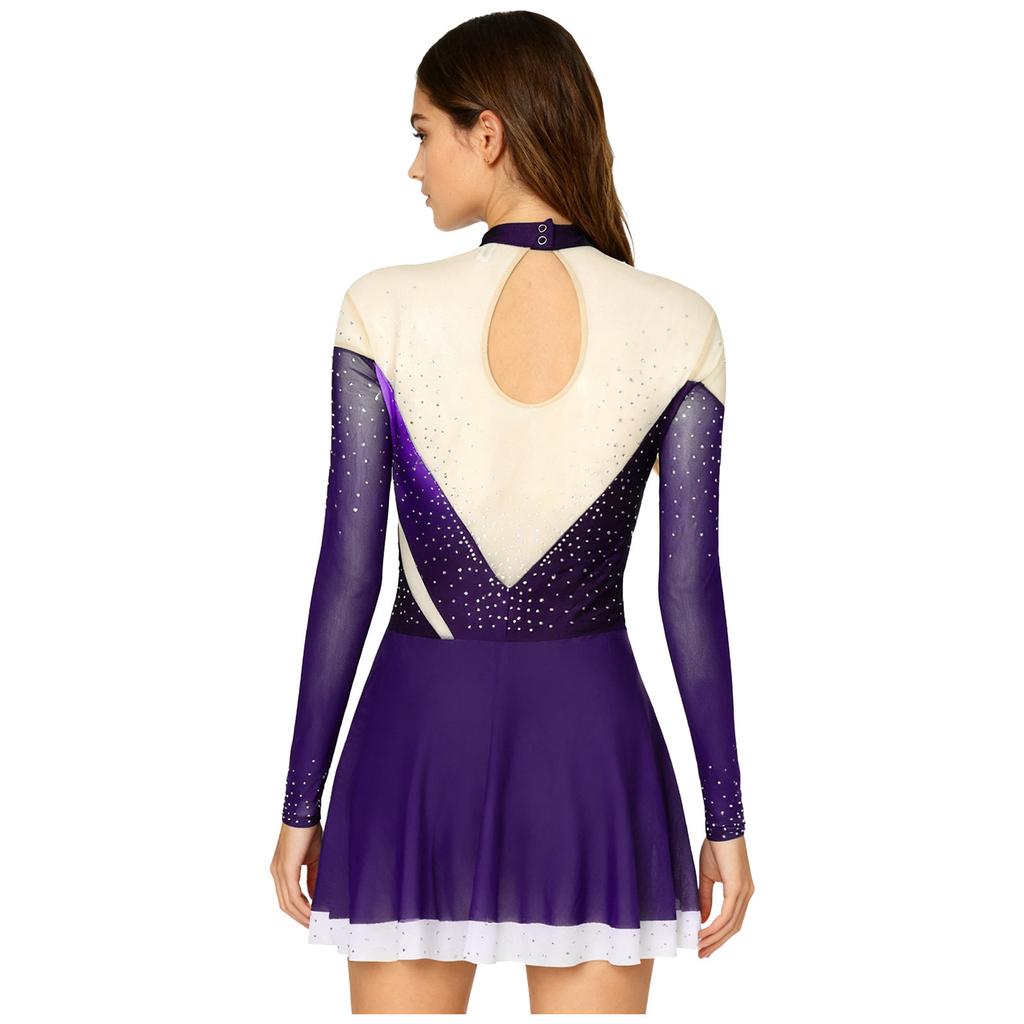 Dame Kunstløpskjole Skinnende Rhinestones Gradient Farge Mock Neck Mesh Langermet Dansetøy