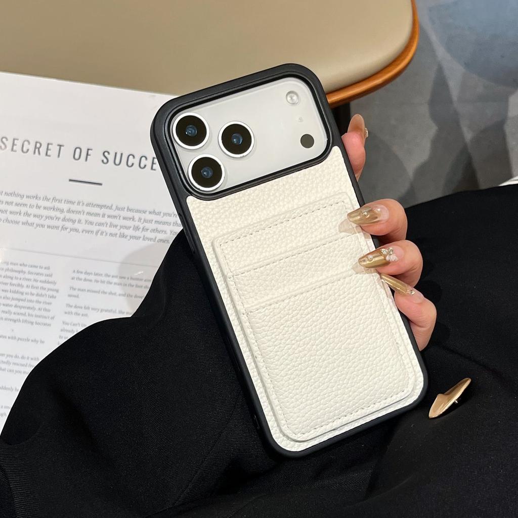 Dual Card Holder Wallet Shockproof Case For iPhone 17 Air 16 15 14 13 12 11 Pro Max Plus Lychee Leather Patterned Bumper Cover