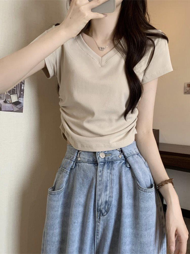 Women's Summer V-Neck Short-Sleeve Slim-Fit High-Waisted Pleated Straight Shoulder T-Shirt with French Design