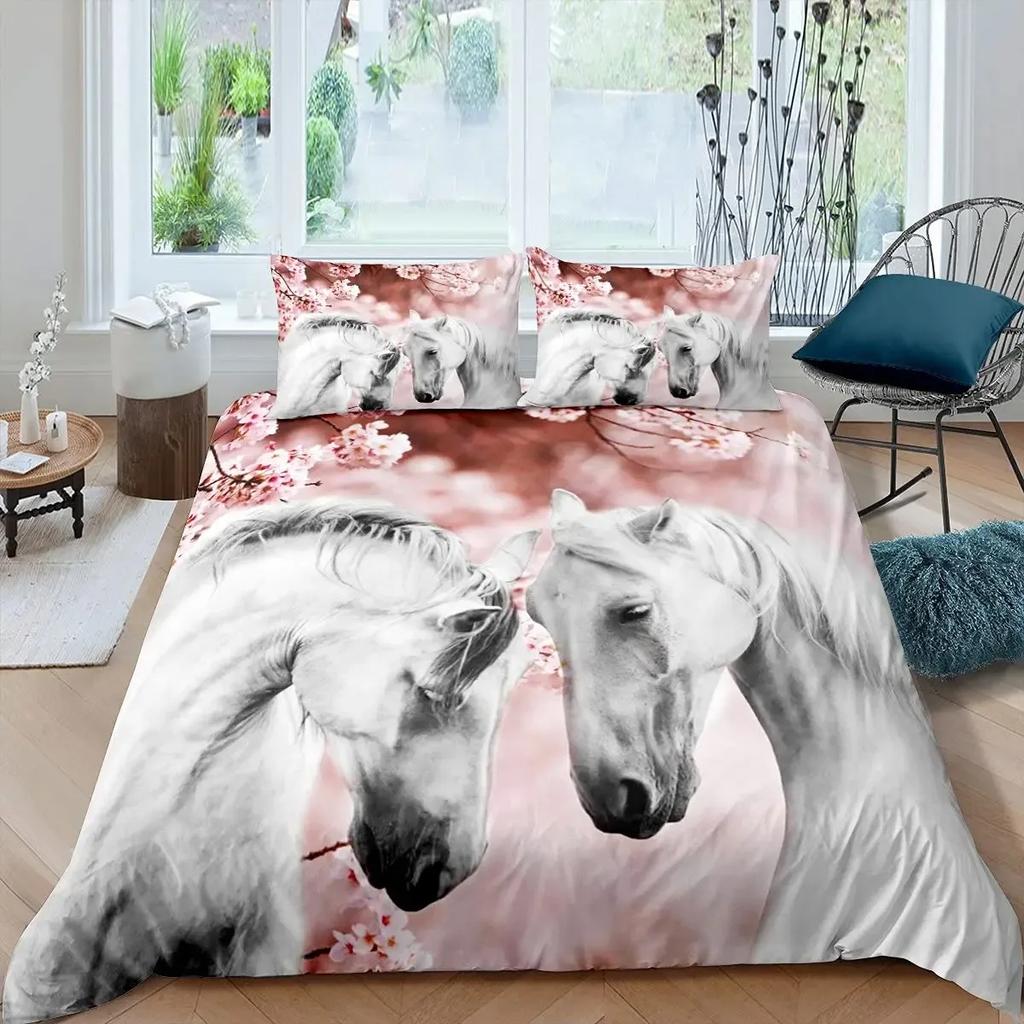 White Horse Duvet Cover Set Queen Size 3D Steed Print Bedding Sets Wildlife Comforter Cover Animals Bedspread Cover Quilt