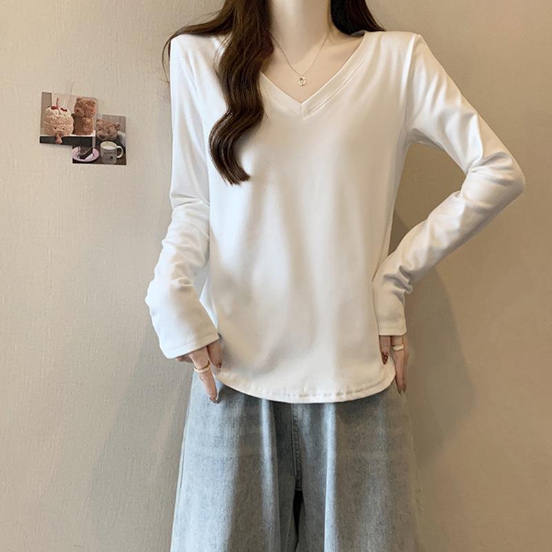 Plus Size V-Neck Long Sleeve T-Shirt for Women - Loose Fit, Tummy Slimming, Perfect for Autumn