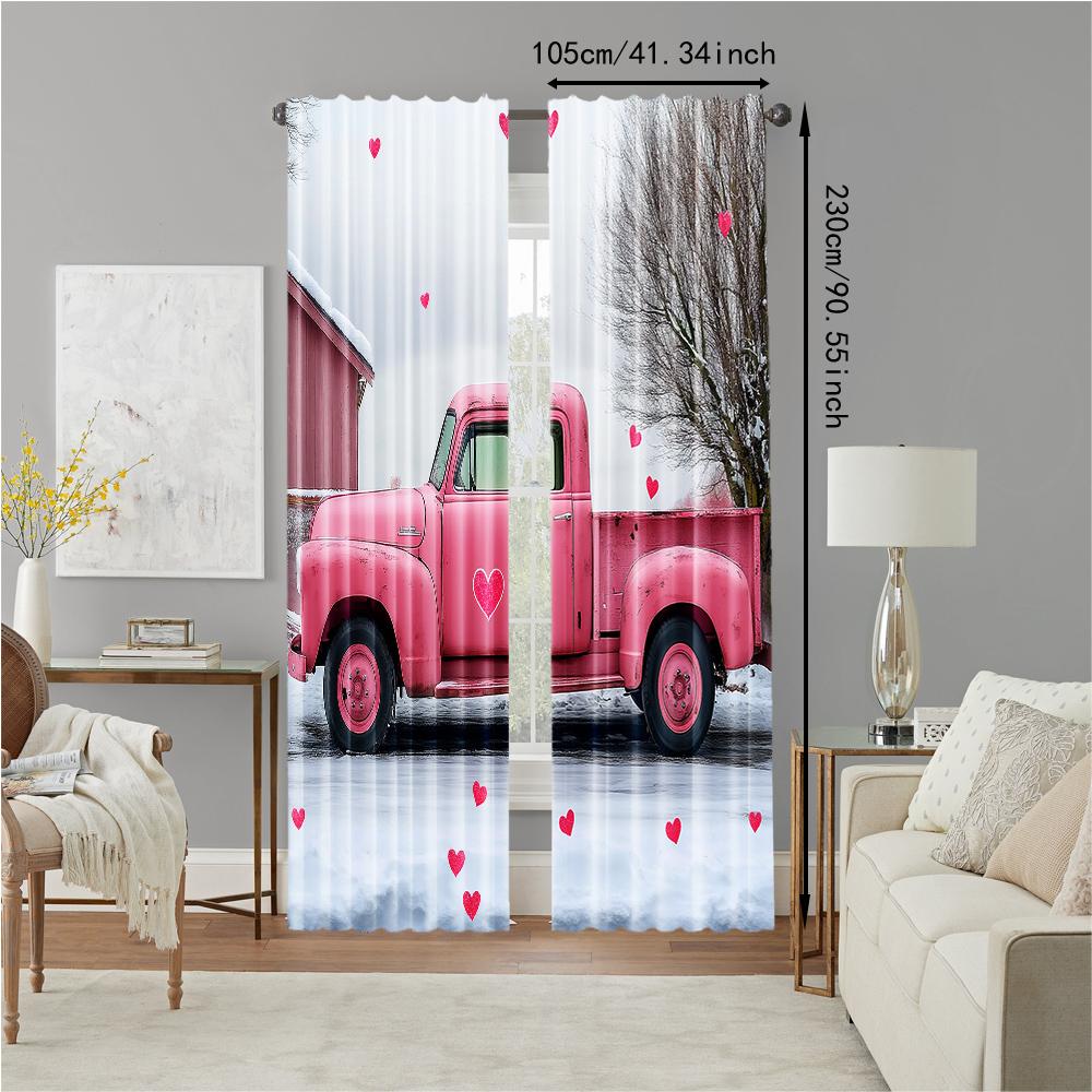2 pcs   versatile polyester transparent curtains for home decoration Vintage Pink Truck for use in bedrooms and living rooms