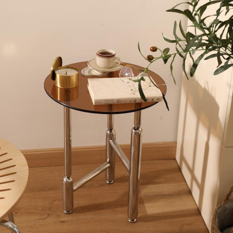 Retro Stainless Steel Coffee Table Luxury Round Glass Corner Tables Living Room Small Side Table Home Decoration Furniture