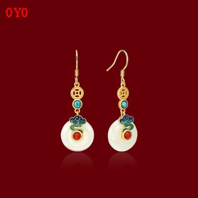 Vintage Sand Gold Classical Temperament Ancient Gold Hetian Jade Cloisonne Auspicious Clouds Safe Buckle Earrings