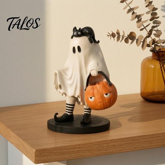 Small Statue for Mantels Cute Ghost Statue, Resin Black Cat Holding Pumpkin Bucket Ornament, Halloween Figurine Home Holiday Party Table Mantel