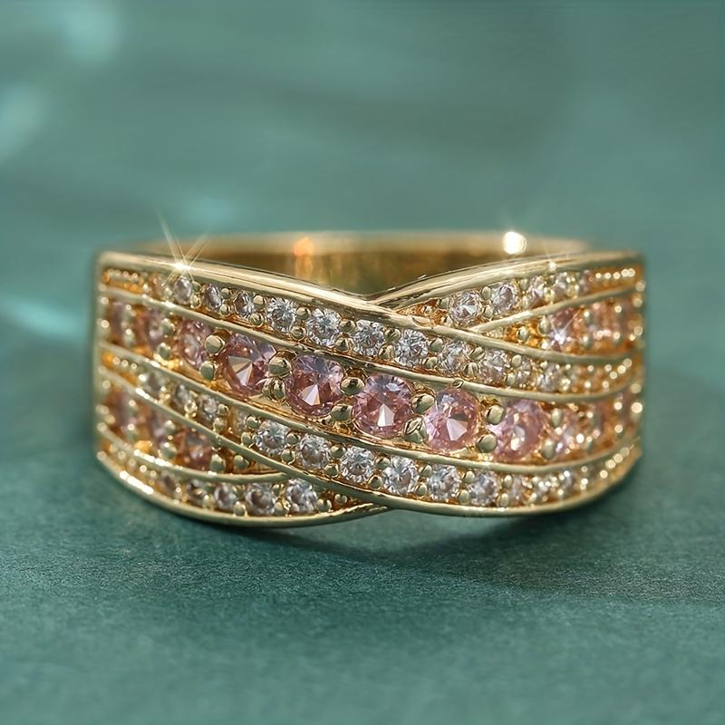 Elegant Golden Color Cross Band Ring Female Bright Synthetic Pink Zirconia Fashion Rings Women Luxury Finger Accessories