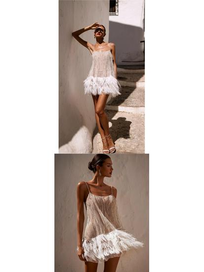 Rochie de Petrecere Sexy Europeană & Americană Fără Spate cu Plasă cu Paiete și Franjuri și Bretele Subțiri