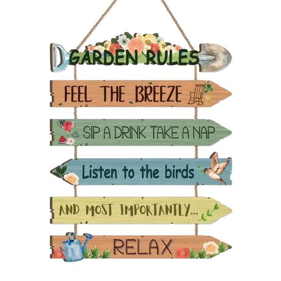 Garden Rules Hanging Sign Spring Wooden Welcome Door Sign
