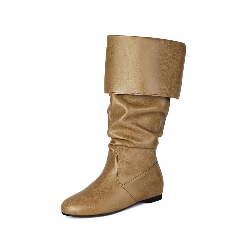 

Women Mid Calf Boots Round Toe Flats Pleated Concise Design Ladies Fashion Casual Shoes Autumn Winter Khaki Brown 46 39 хакі