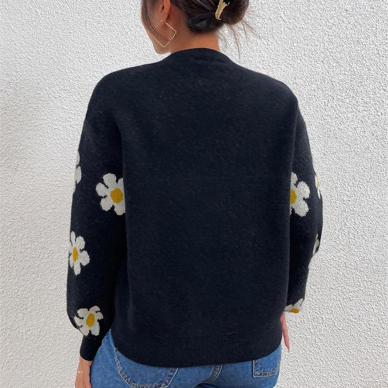Autumn Winter New College Style Flower Knitted Coat Loose Fashion Round Neck Pullover Print Long Sleeve Sweater Women's Tops