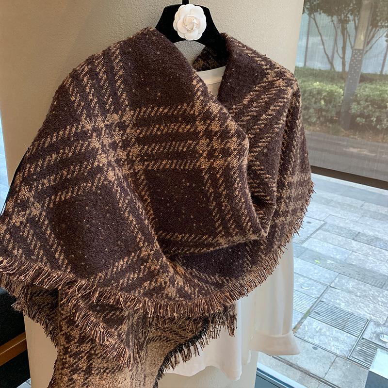 Retro Fashion Winter Women Knitted Scarf Headscarf Casual Preppy Brown Black Plaid Scarve Lady Mujer Thick Wrap Shawl Korean New