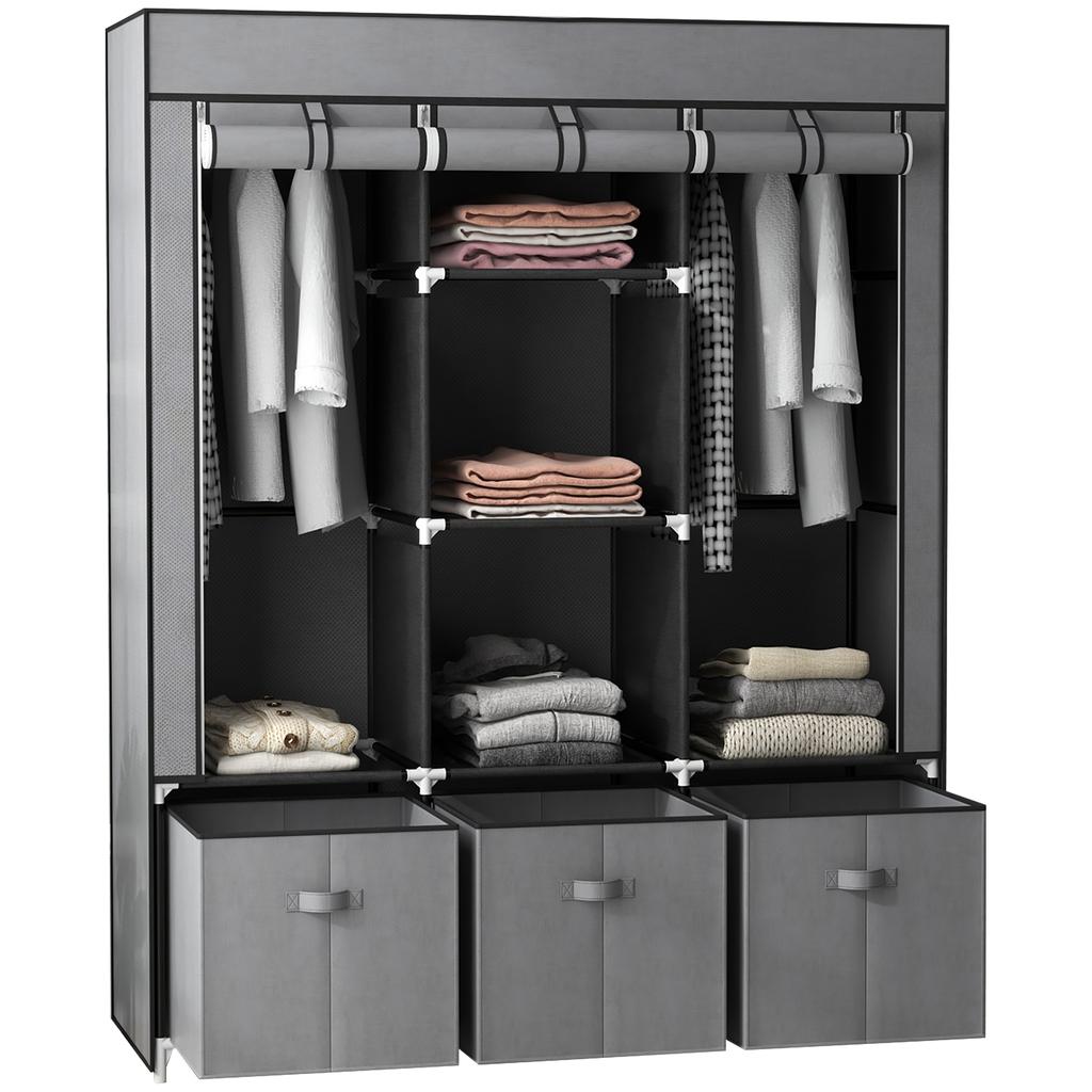 Fabric Wardrobe made of Non-Woven Fabric, Folding Wardrobe, incl. 3 Drawers, 125 cm x 43 cm x 162.5 cm, Grey