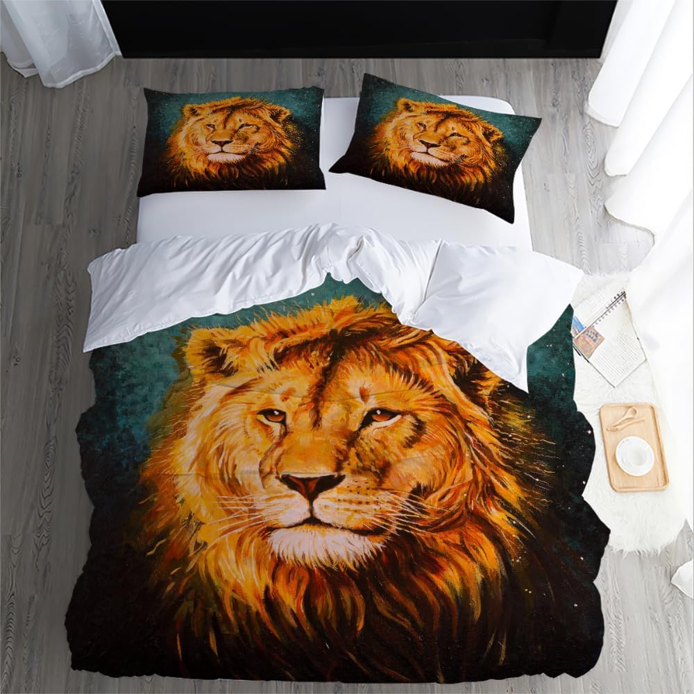 Grosstor Unisex Lion Duvet Cover Set, Microfiber Bedding Set With Zipper Closure 3D Cartoon Lion Comforter Cover With 1/2 Pillowcases 50X75 Cm