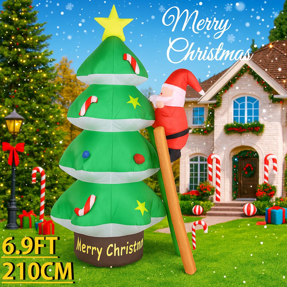6.9FT Inflatable Toy Christmas Tree Santa Claus Ladder Xmas Yard Lawn Party Decoration LED Lit Xmas Home Supplies Ornament Gift
