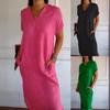 Women's Summer Cotton and Linen V-neck Short-sleeved Loose Slit Midi Dress
