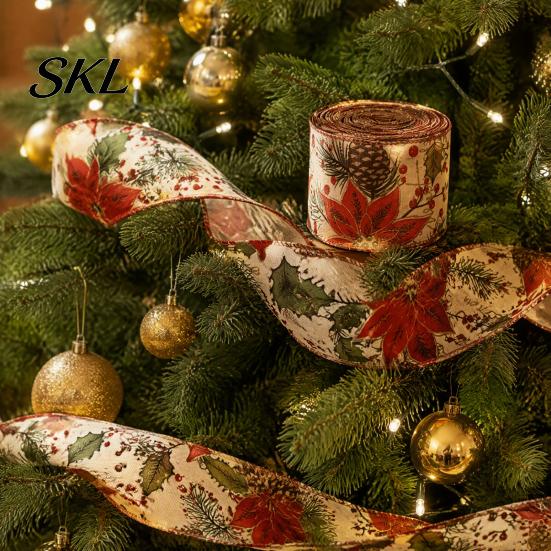 Linen Ribbon for Garland Making 1 Roll Burlap Christmas Gift Wrapping Tree Decor, Vintage Patterned Bows Imitation Wired Fabric DIY Crafts And